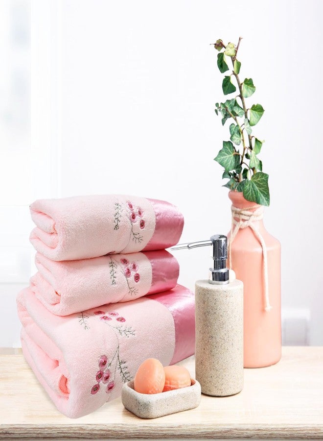 ABREEZE Pink Plum Blossom-Embroidered Bath Towel Set, 3 Pieces，Soft, Skin-Friendly and Water-Absorbent, Mother's Day and Valentine's Day Gift(1 Bath Towel,2 Hand Towels) - Image 2